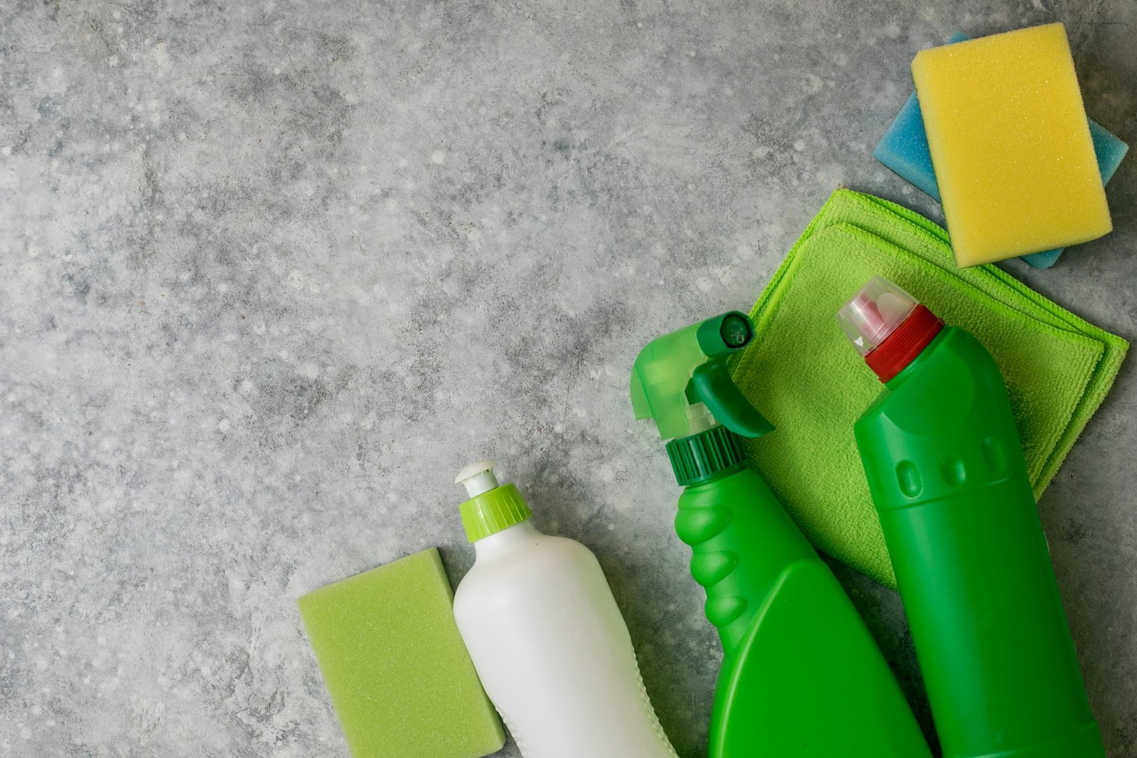 Cleaning products. Plastic chemical detergent bottles and equipment