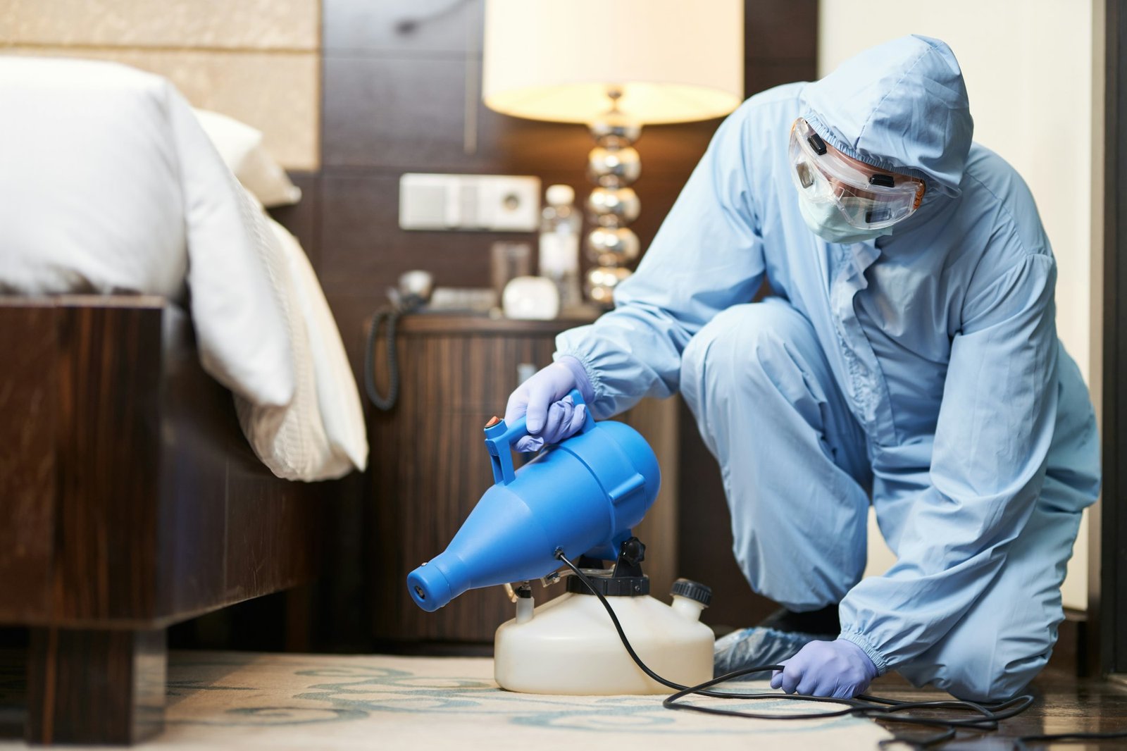 Male disinfector in a protective clothes spraying disinfectants